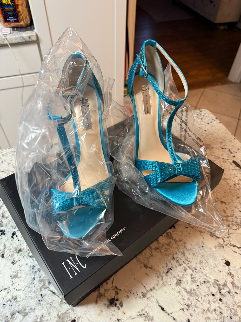 INC International Concepts Teal/Blue Satin T-Strap Bow Heels